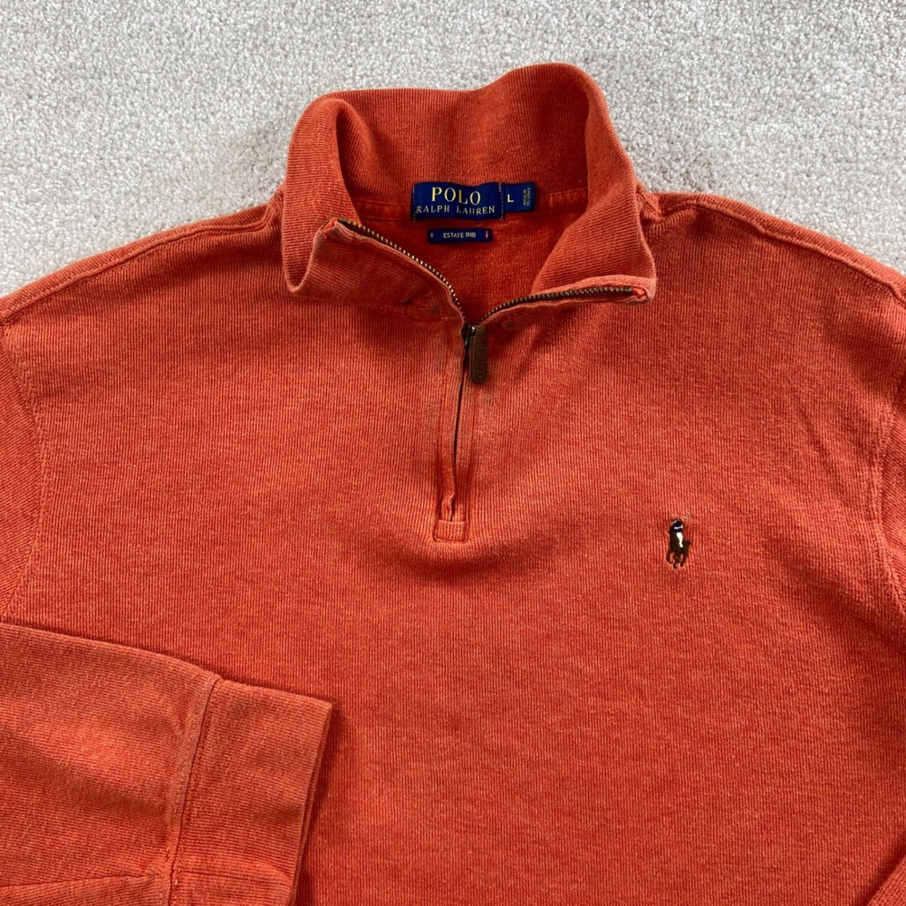 Polo Ralph Lauren Quarter Zip Mens L Orange Estate Rib Cotton Pullover Sweater